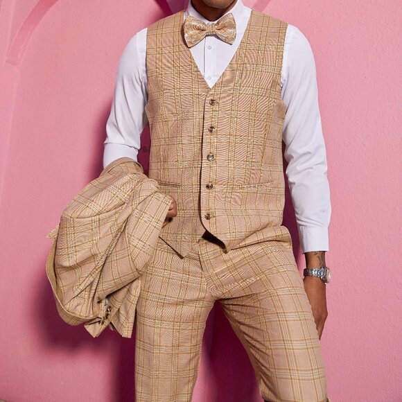 Orange Glen Plaid Peak Lapel 3 Piece Stacy Adams Men's Suit - Picture 3 of 6